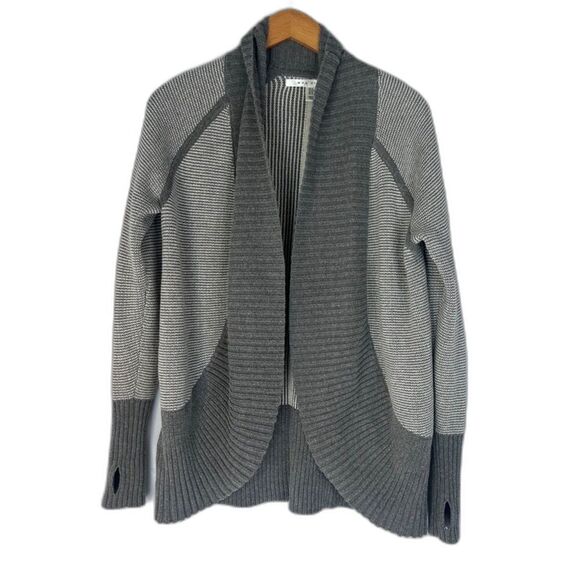 Max Studio Gray White Striped Shawl Collar Open Front Cardigan Thumbholes Sz SM - Picture 1 of 8